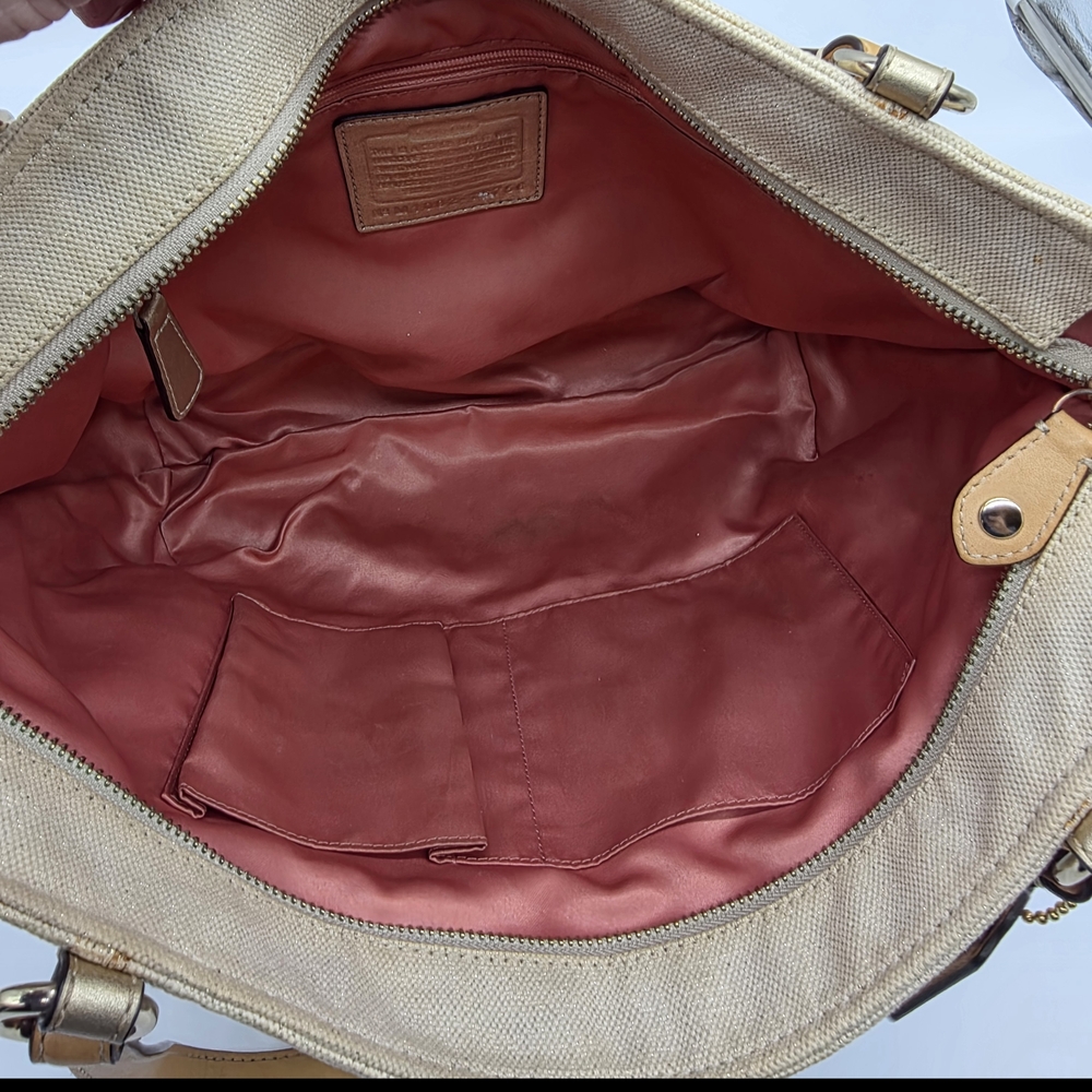 COACH Natalie Metallic Gold Bag Beige Cream Canvas Leather Tote Purse Bag 16756 - Picture 7 of 13